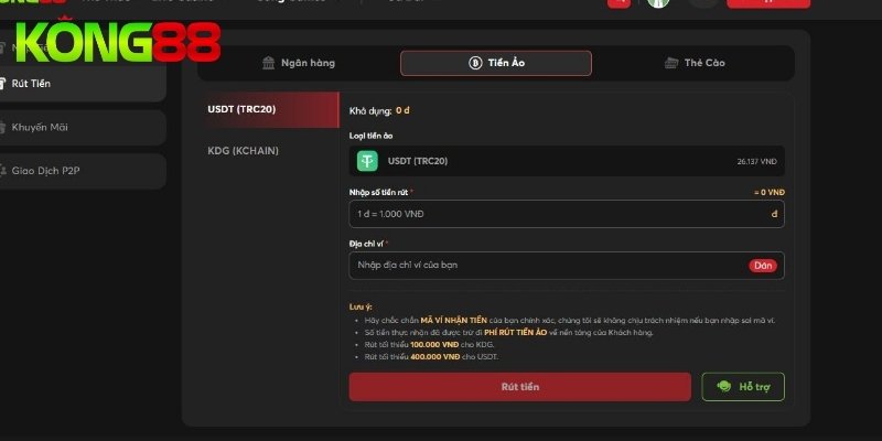 Hướng dẫn thực hiện rút tiền KONG88 bằng USDT